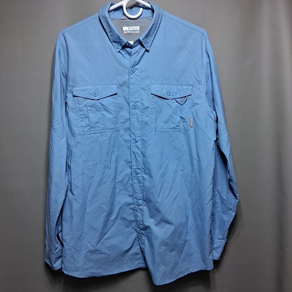Columbia PFG Tamiami II Fishing Shirt Mens Medium M Blue Long Sleeve Vented UPF